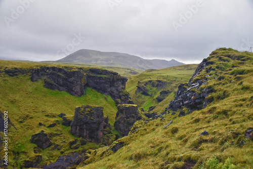 Hestavaosfoss, Fosstorufoss, Steinbogafoss waterfalls above Skogafoss waterfall summer 2024 Ring Road South coast of Iceland, Scandinavia, Europe. photo