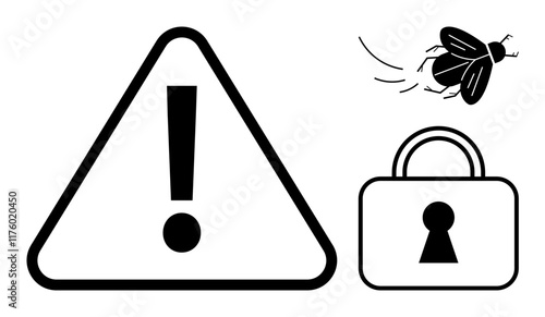Exclamation point inside triangle, flying bug, and padlock with keyhole. Ideal for cybersecurity, malware warnings, secure access, data protection alerts, software vulnerabilities, online privacy