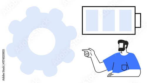 Person in blue shirt pointing at mechanical gear and battery icon. Ideal for productivity, efficiency, technology, energy management, human-machine interaction, industrial processes, workflow