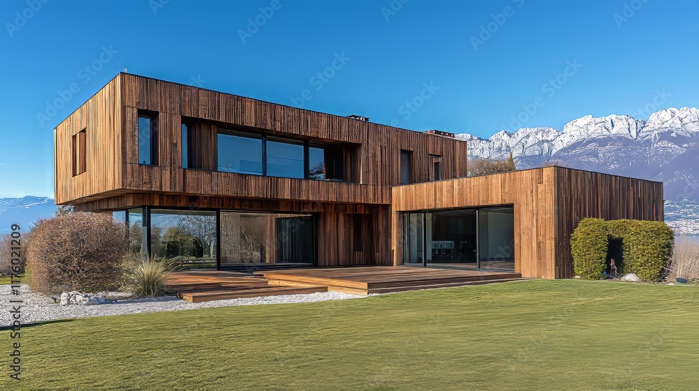 Fototapeta premium A modern luxury house featuring an infinity pool with breathtaking views of a lake and mountains