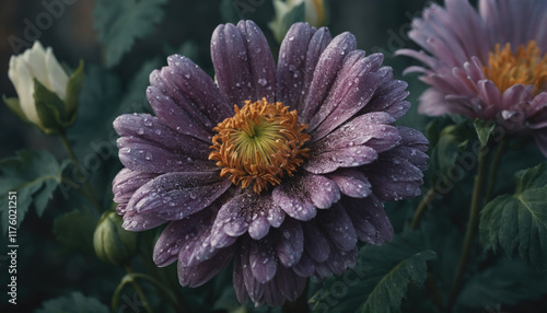 Beautiful purple flower adorned with raindrops in a lush garden setting during the late afternoon