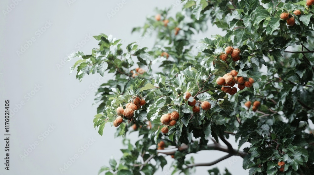 Lush green tree branches laden with ripe orange fruits against a muted sky. Lush green tree branches laden with ripe orange fruits against a muted sky.