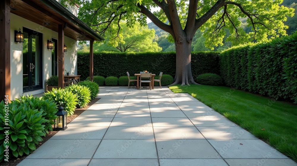 Fototapeta premium Serene Patio Design with Lush Greenery and Modern Architectural Details