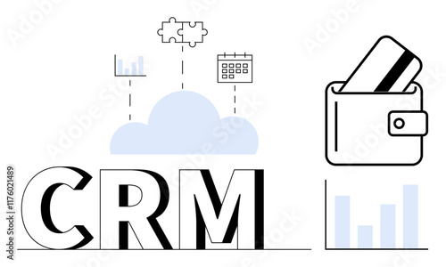 CRM with cloud hosting, wallet, bar graphs, calendar, and puzzle pieces depicting integration and management. Ideal for data analysis, financial tracking, scheduling, collaborative solutions