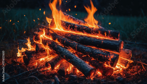 Campfire burns brightly in the dark evening, creating warmth and ambiance in the great outdoors photo