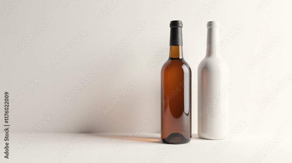 Two Glass Bottles, One Amber, One White, on White Background Two Glass Bottles, One Amber, One White, on White Background