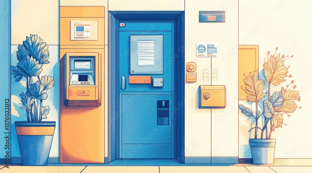Modern entrance with automated teller machine and vibrant plants in a quiet urban setting Modern entrance with automated teller machine and vibrant plants in a quiet urban setting