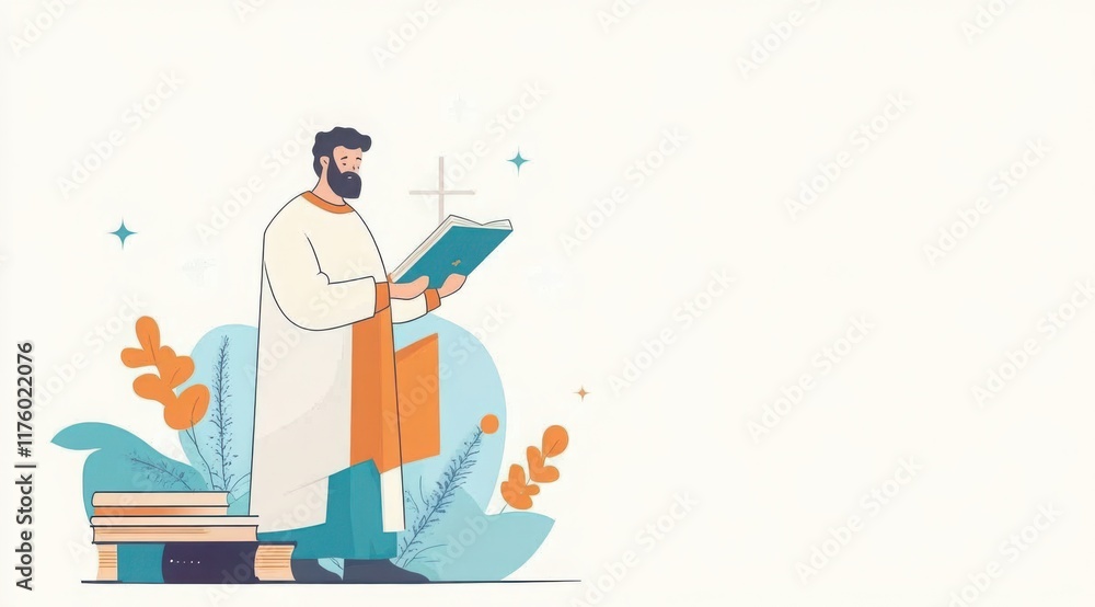 Man in religious attire reading a book with spiritual elements and foliage design