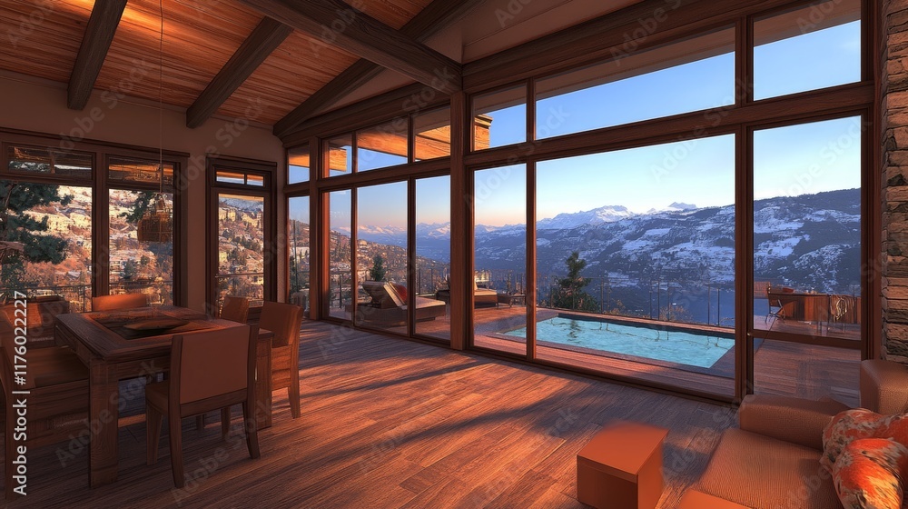 Fototapeta premium Luxurious Indoor Pool offering a stunning view of the mountain lake