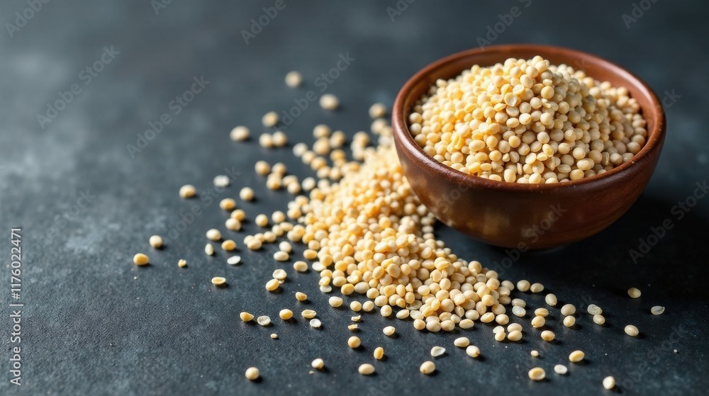 A bowl of uncooked pale yellow legumes spills onto a dark surface A bowl of uncooked pale yellow legumes spills onto a dark surface