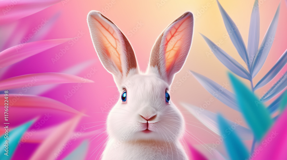 Fototapeta premium Cute white rabbit surrounded by colorful tropical leaves