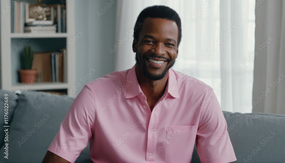 Smiling man in pink shirt sitting on a couch in a cozy living room during a sunny afternoon Smiling man in pink shirt sitting on a couch in a cozy living room during a sunny afternoon