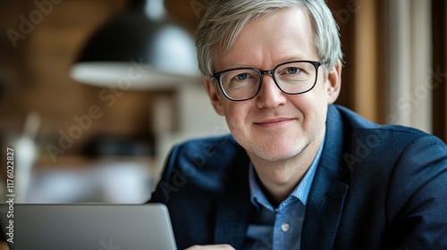 Experienced Businessman Smiling Modern Laptop Workplace Professional Open Office Setting