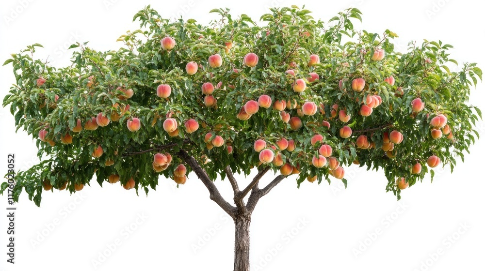 Lush peach tree laden with ripe, juicy peaches against a white background. Lush peach tree laden with ripe, juicy peaches against a white background.