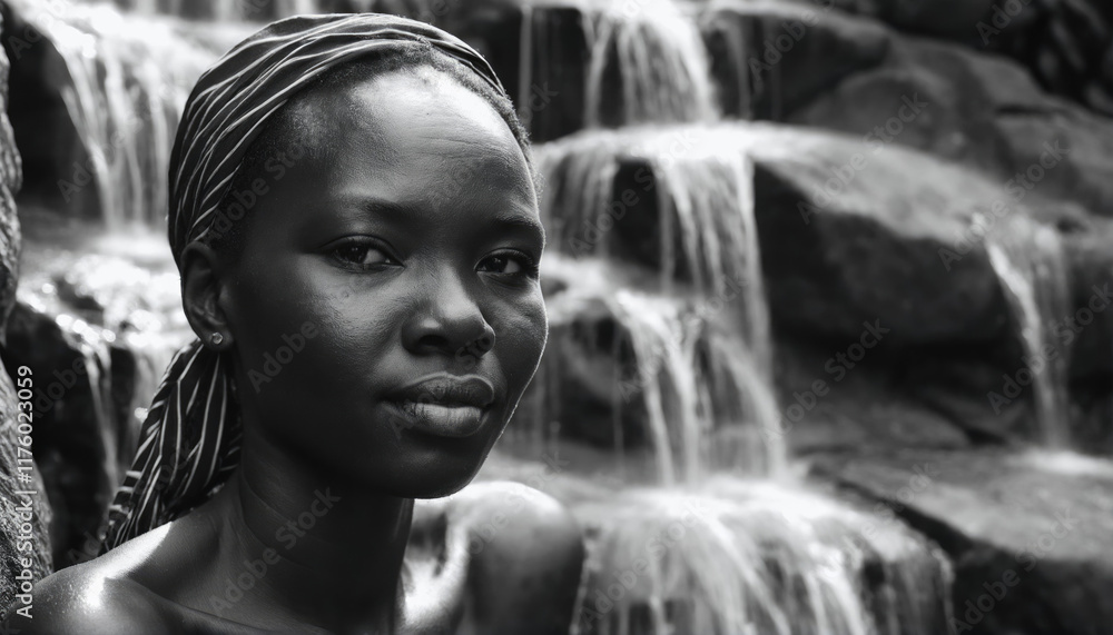 Obraz premium Elegant woman posing near serene waterfall in a natural setting during daylight hours