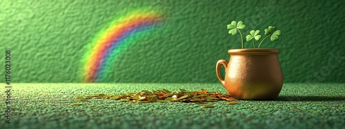 Shiny Gold Pot with Shamrock and Rainbow Creative St Patricks Day Banner Design photo