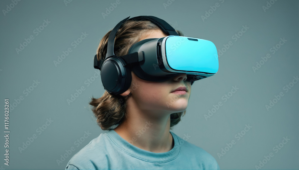 Child explores virtual reality with modern headset and headphones in an indoor setting Child explores virtual reality with modern headset and headphones in an indoor setting