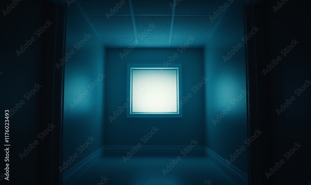 A dimly lit hallway leading to a glowing window, creating an eerie atmosphere.