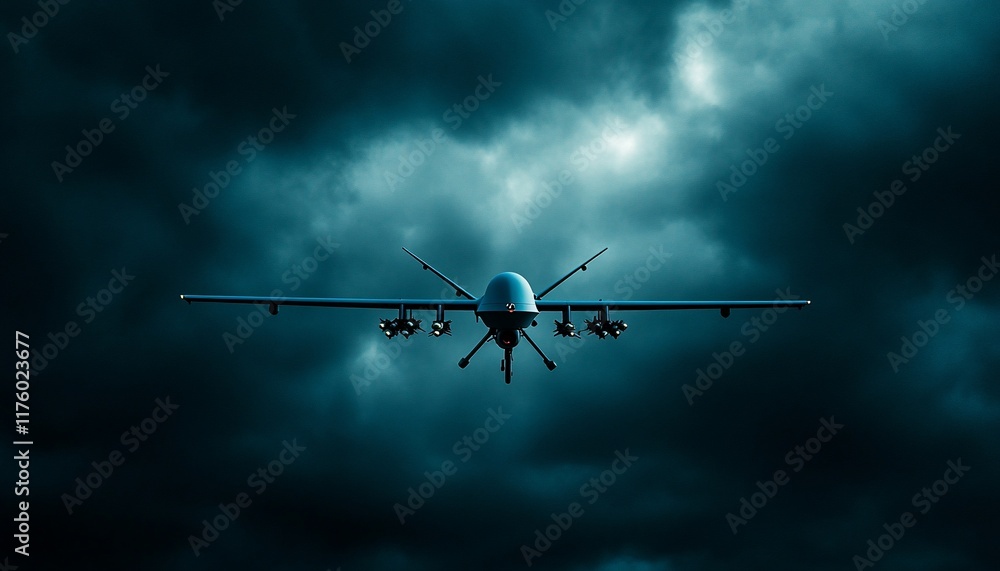 A drone flying through a dark, cloudy sky, emphasizing technology and surveillance. A drone flying through a dark, cloudy sky, emphasizing technology and surveillance.