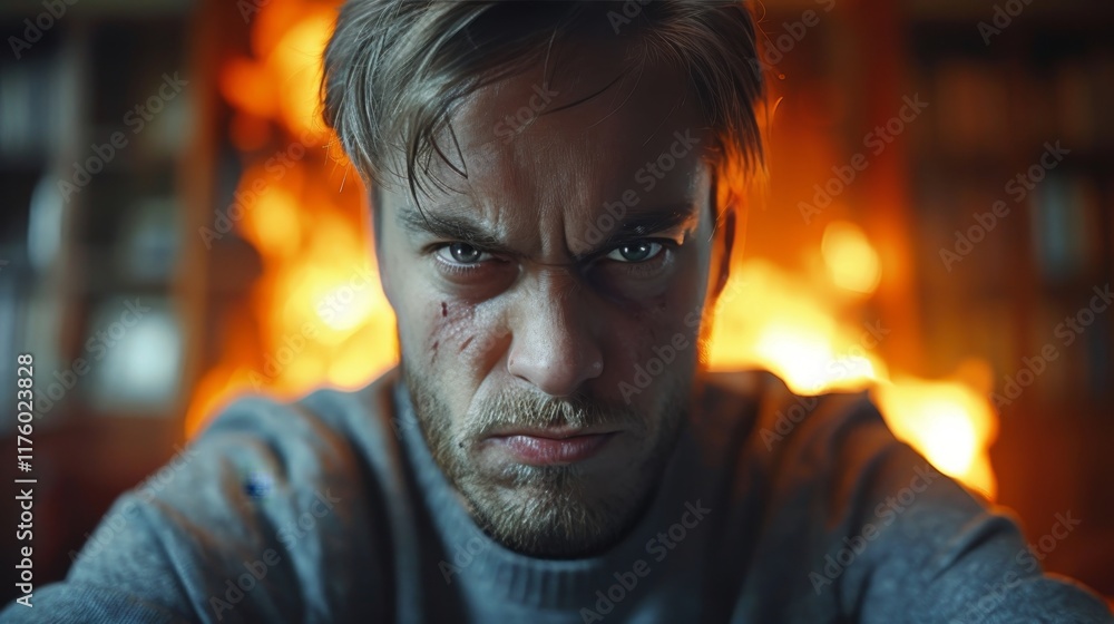 Portrait of a Man with Scratched Face and Angry Expression Against a Fiery Background Portrait of a Man with Scratched Face and Angry Expression Against a Fiery Background