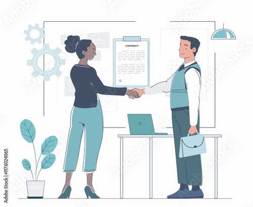 Business deal concept. Man and woman shake hands against background of contract. Collaboration and cooperation, partnership. Investor and entrepreneur. Linear vector illustration