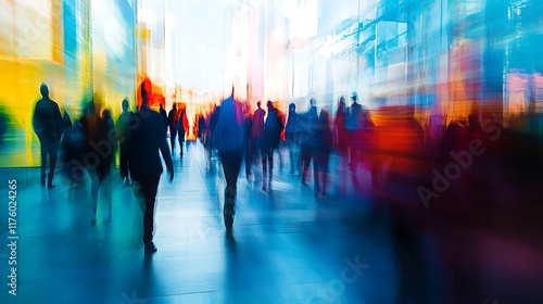 Long exposure picture of business people walking in a bright office lobby, moving fast with blur. AI generated picture. 