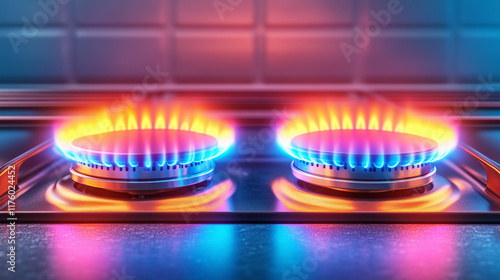 Flames dance above gas burners in modern kitchen setting photo