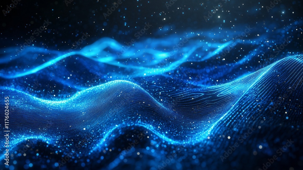 The image depicts abstract glowing blue waves with sparkling particles