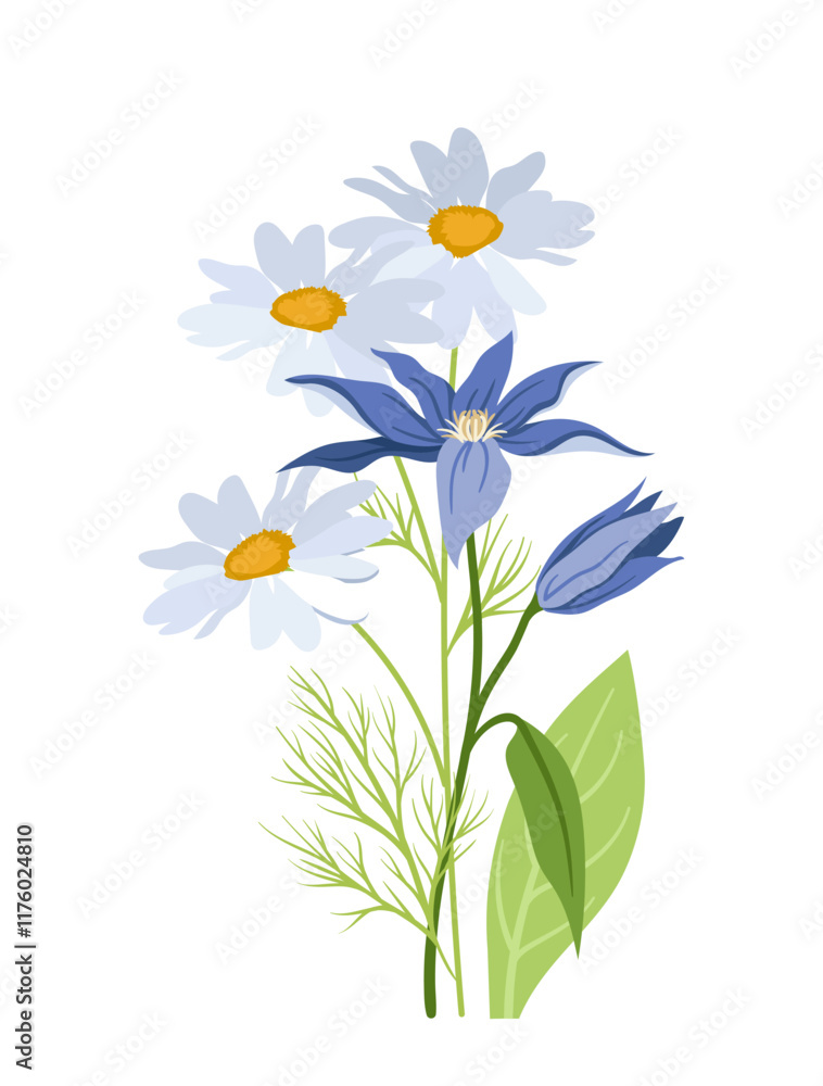 Flowers and herbs. White and blue flowers and grass. Bloom and blossom plants. Floristry and botany. Sticker for social networks. Flat vector illustration isolated on white background Flowers and herbs. White and blue flowers and grass. Bloom and blossom plants. Floristry and botany. Sticker for social networks. Flat vector illustration isolated on white background