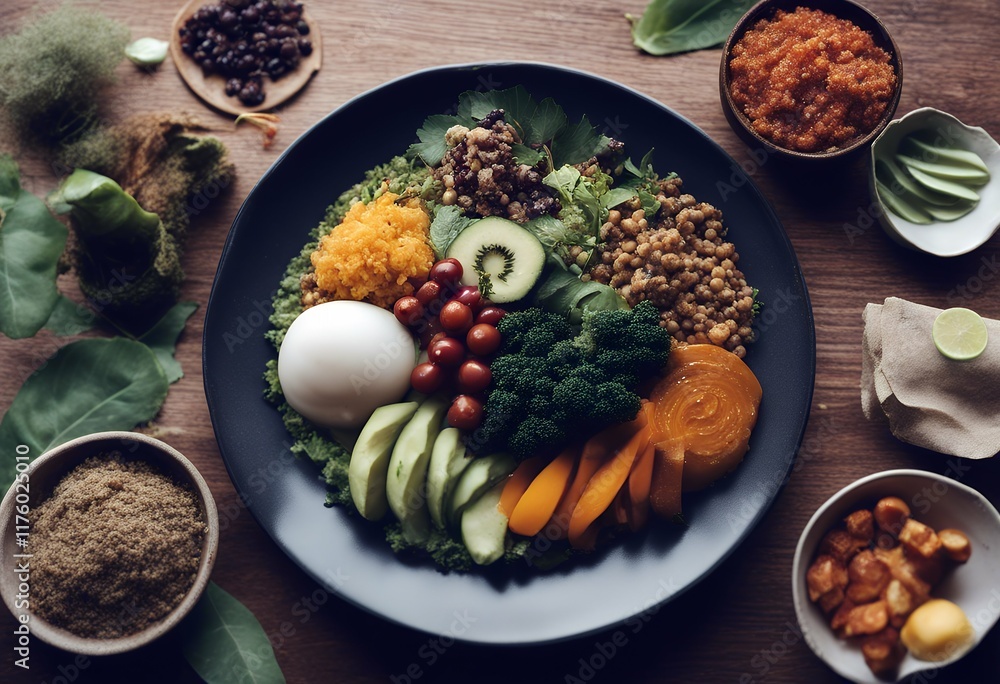 filled nutritious dishes plate Ayurvedic plantbased closeup showcasing impor filled nutritious dishes plate Ayurvedic plantbased closeup showcasing impor