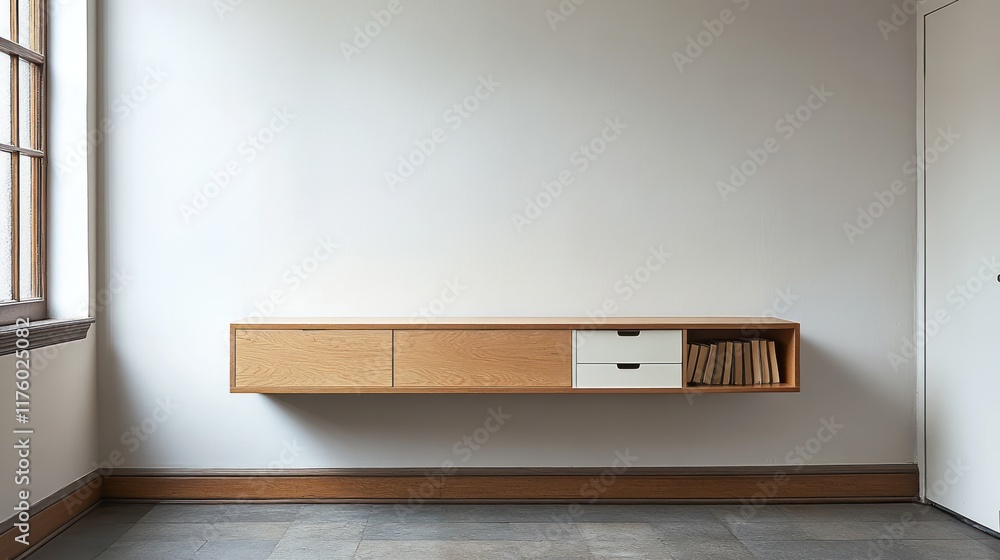 Fototapeta premium Modern minimalist media console, oak wood, wall-mounted, bright room, interior design