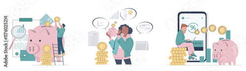 Personal finance set. Men and woman with piggy bank with gold coins. Financial literacy and passive income. Accounting and budgeting. Linear vector collection isolated on white background