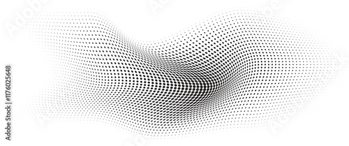 Flowing Wave Dot Halftone Pattern: Curve Gradient Shape on Transparent Background. Suitable for AI, Tech, Network, Digital, Science, and Technology Themes.