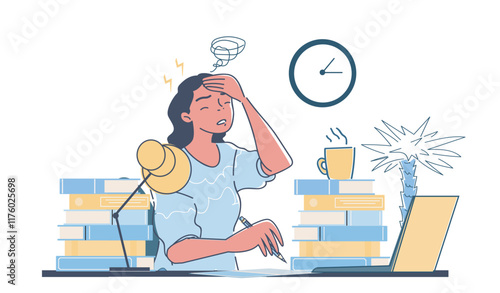 Student stress concept. Tired woman doing homework. University or college student with emotional burnout. Mental and psychological problems. Crisis and fatigue. Linear vector illustration