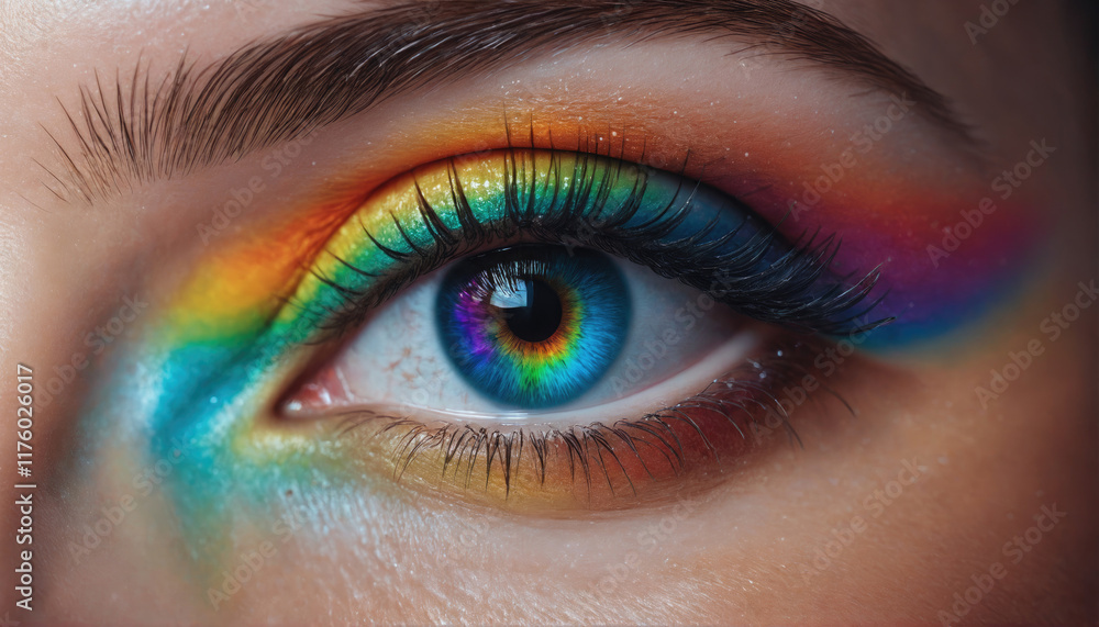Vibrant eye makeup showcasing colorful artistic design with detailed hues in a close-up view Vibrant eye makeup showcasing colorful artistic design with detailed hues in a close-up view