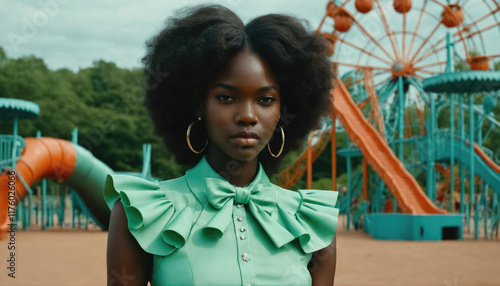 Young woman in vibrant outfit stands confidently in amusement park during sunny day surrounded by colorful rides photo