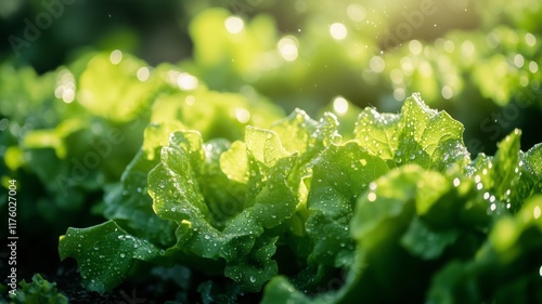 Fresh green lettuce leaves covered in water droplets, illuminated by warm sunlight in a garden