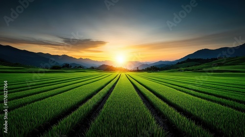A beautiful sunrise casts warm light over lush green fields, with distant mountains in the background, creating a serene and peaceful atmosphere.