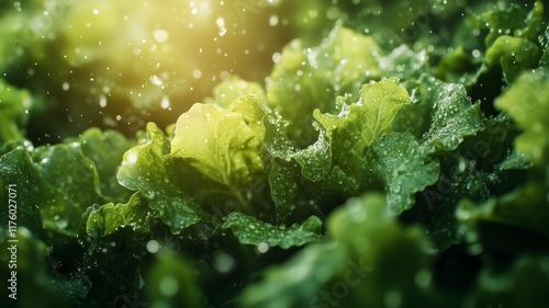 Fresh green lettuce leaves with water droplets glistening under sunlight, emphasizing natural freshness and organic growth
