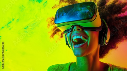 A joyful woman wearing a virtual reality headset, fully immersed in a futuristic digital experience