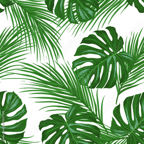 Green tropical palm leaves seamless vector pattern on the black background. Trendy summer print.