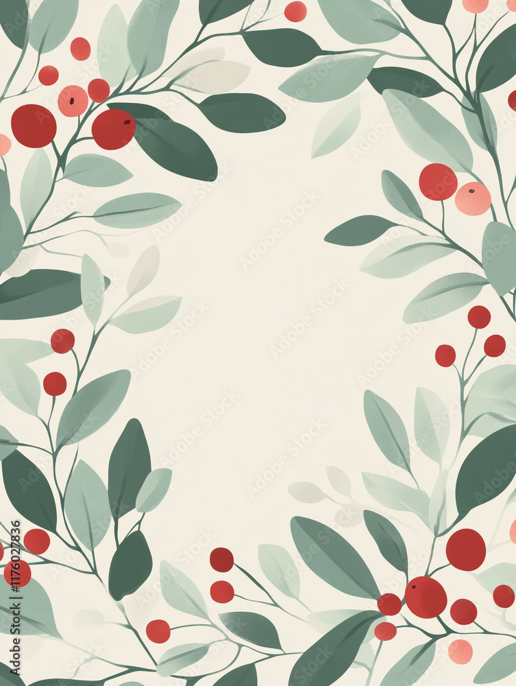 Watercolor foliage with red berries on light background Watercolor foliage with red berries on light background
