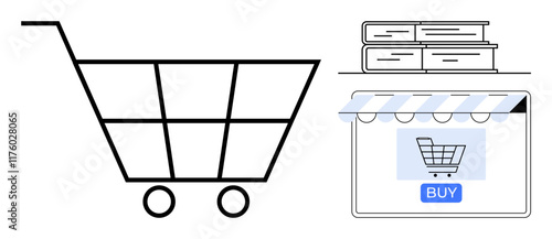 Shopping cart, laptop screen displaying online store with Buy button, stacked books illustrating e-commerce, online shopping, education, digital marketplace, retail, technology integration. Ideal