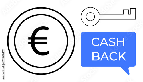 Euro symbol in a circle, outline of a key, and blue speech bubble with CASH BACK. Ideal for finance, savings, secure transactions, reward systems, consumer benefits, economic incentives money