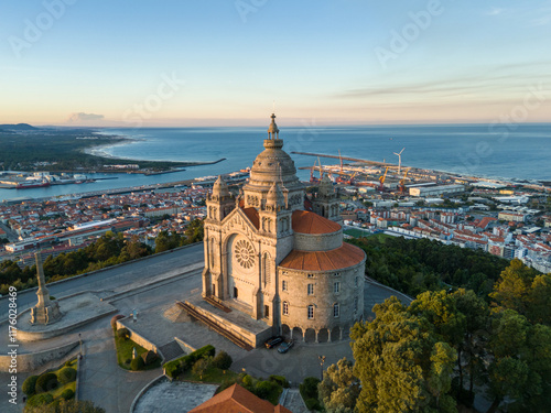 Basilica Santa Luzia at Sunrise. Viana do Castelo City, Portugal. Aerial View.