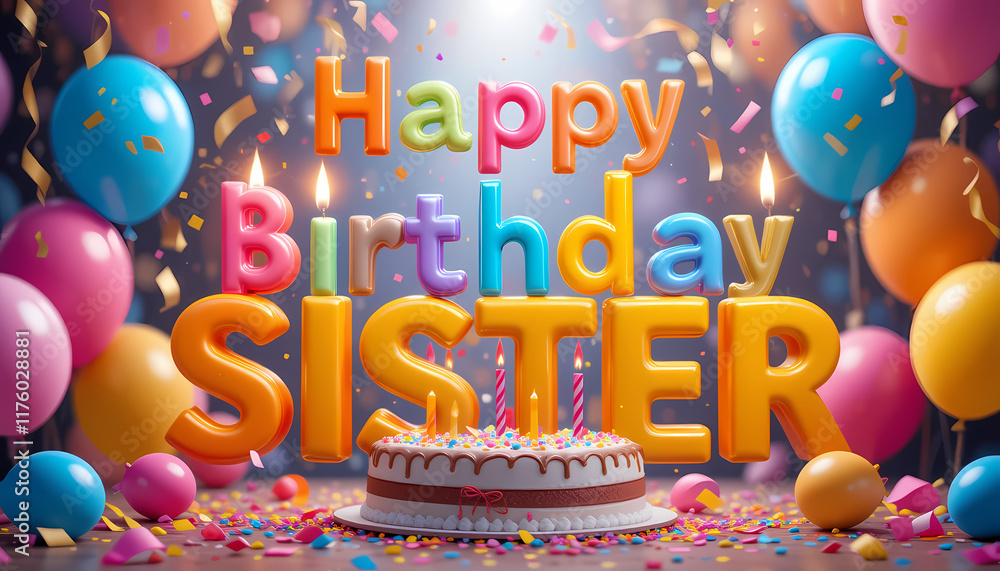 Happy Birthday Sister 3D HD image for wishing in vibrant colors, candles, balloons, confetti, cake, and digital background for the birthday celebration. Happy Birthday Sister 3D HD image for wishing in vibrant colors, candles, balloons, confetti, cake, and digital background for the birthday celebration.