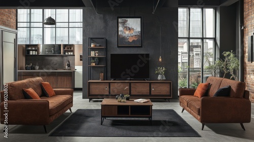 Wallpaper Mural Modern industrial living room with brown sofas, TV, and wooden furniture. Torontodigital.ca