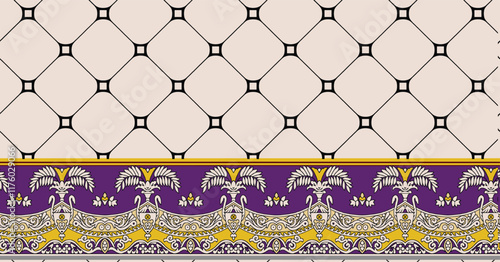 A seamless textile design inspired by traditional Indian block prints, featuring floral and geometric patterns for handcrafted wallpapers and ornate gift wraps.