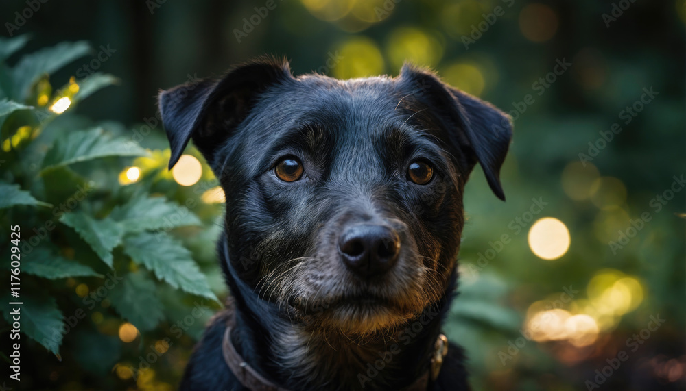 Black dog with expressive eyes surrounded by lush greenery and soft glowing lights in a tranquil outdoor setting Black dog with expressive eyes surrounded by lush greenery and soft glowing lights in a tranquil outdoor setting