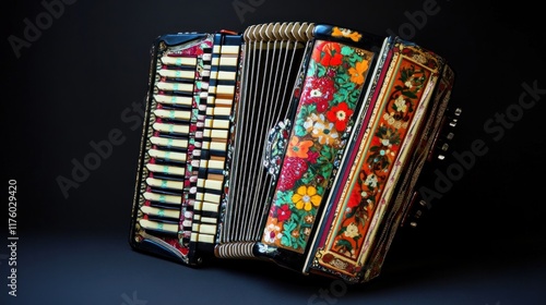Ornate vintage accordion with floral design, isolated on dark background.